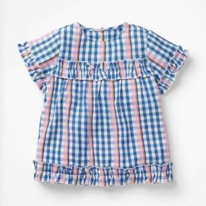MINI BODEN girls cotton ruffle top pink cherry rainbow gingham (11-12 yrs old)
